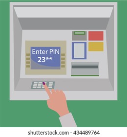 Enter PIN code. ATM teller machine with current operation icon on the screen. Street ATM teller machine with current operation icon on the screen. 