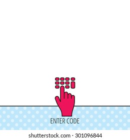 Enter pin code icon. Click hand pointer sign. Circles seamless pattern. Background with red icon. Vector