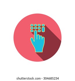 Enter pin code icon. Click hand pointer sign. Red flat circle button. Linear icon with shadow. Vector