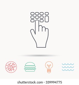 Enter pin code icon. Click hand pointer sign. Global connect network, ocean wave and burger icons. Lightbulb lamp symbol.