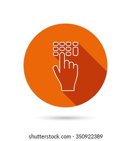 Enter pin code icon. Click hand pointer sign. Round orange web button with shadow.