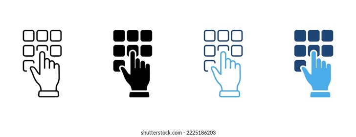 Enter Pin Code on Keypad Line and Silhouette Icon Set. Hand Entering Password on Phone Dial Keyboard Pictogram. ATM Access Combination Flat Symbol on White Background. Isolated Vector Illustration.