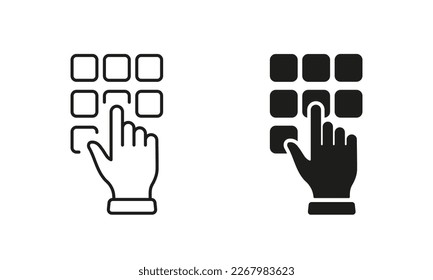 Enter Pin Code on Keypad Line and Silhouette Icon Set. Hand Entering Password on Phone Keyboard Pictogram. ATM Access Combination Flat Symbols on White Background. Isolated Vector Illustration.