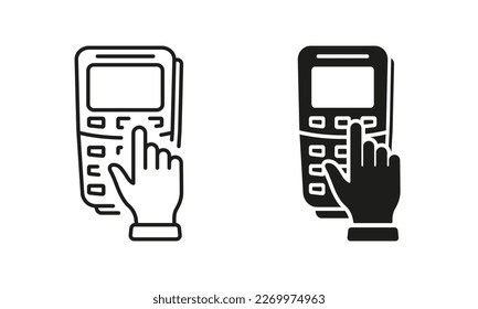 Enter Pin Code on Payment Terminal Line and Silhouette Icon Set. POS Dial Password Combination Pictogram. Safe Number for Money Transaction Symbol on White Background. Isolated Vector Illustration.