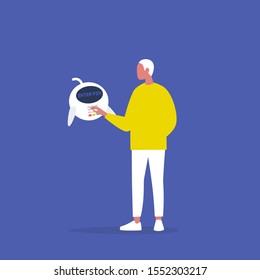 Enter pin code, young male character making a purchase with a cute robot pos machine, new financial technologies