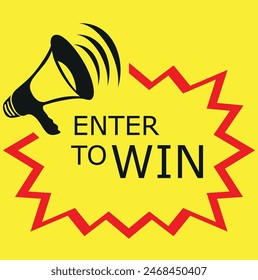 Enter to win. Badge with megaphone icon. Flat vector illustration on white background.