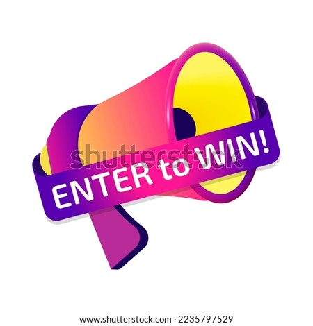 Enter To Win banner label, badge icon with megaphone. Flat design