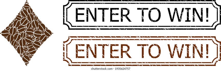 Enter to Win Exclamation Scratched Seal Stamps with Notches and Diamonds Suit Mosaic of Coffee Beans
