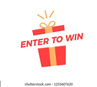 Enter to Win illustration with gift box opening with prizes. Vector graphic design background for social media, business, marketing, promotions