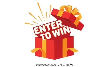 Enter to Win illustration with gift box opening with prizes. Vector graphic design background for social media, business, marketing, promotions