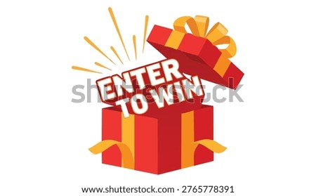 Enter to Win illustration with gift box opening with prizes. Vector graphic design background for social media, business, marketing, promotions