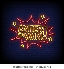enter to win neon Sign on brick wall background vector