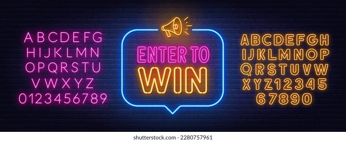 Enter To WIn neon sign in the speech bubble on brick wall background.