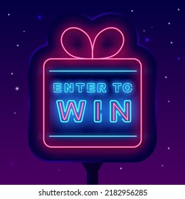 Enter to win neon street advertising. Night billboard. Gift box frame. Casino online design. Winner concept. Slot machine emblem. Bright logo. Editable stroke. Vector stock illustration