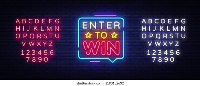 Enter to Win Neon Text Vector. Enter to Win neon sign, design template, modern trend design, night neon signboard, night bright advertising, light banner, light art. Vector. Editing text neon sign