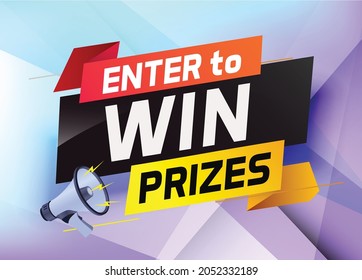 enter to win prize word concept vector illustration with megaphone and 3d style for use landing page, template, web, mobile app, poster, banner, flyer, background, gift card, wallpaper