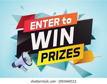 enter to win prize word concept vector illustration with megaphone and 3d style for use landing page, template, web, mobile app, poster, banner, flyer, background, gift card, wallpaper