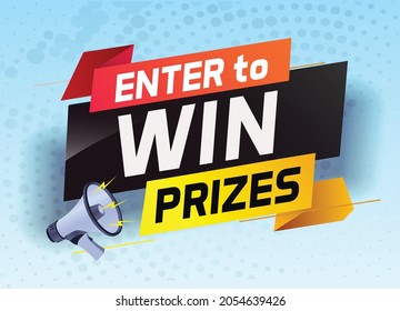 enter to win prize word concept vector illustration with megaphone and 3d style for use landing page, template, web, mobile app, poster, banner, flyer, background, gift card, wallpaper