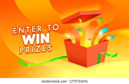 Enter To Win Prizes Banner. Open Gift Box With Confetti Fireworks On Colorful Orange Background. Giveaway Promo, Festive Store Advertising Promotion, Gambling Games. Cartoon Vector Illustration