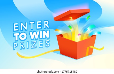 Enter to Win Prizes Banner. Open Red Gift Box with Confetti Fireworks on Blue Background. Raffle, Lottery Promo Poster. Festive Store Promotion, Gambling Casino Games. Cartoon Vector Illustration