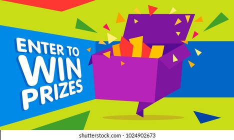 Enter to win prizes gift box. Cartoon origami style vector illustration. Web banner template