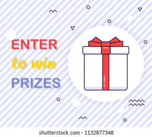 Enter to win prizes gift box. Cartoon style vector illustration.