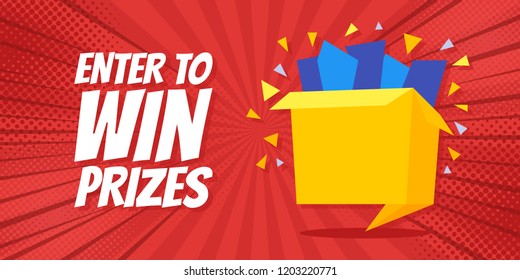 Enter to win prizes gift box. Cartoon origami style vector illustration. Pop Art background