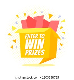 Enter to win prizes gift box. Cartoon origami style vector illustration.