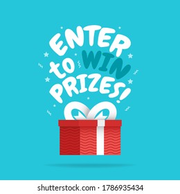 Enter to win prizes gift box. Cartoon style vector illustration. Social media banner template.