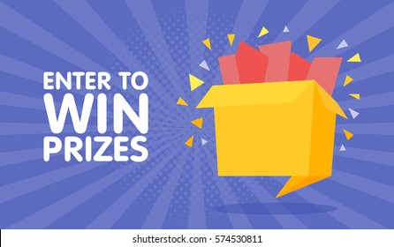 Enter to win prizes gift box. Cartoon origami style vector illustration.