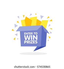 Enter To Win Prizes Gift Box. Cartoon Origami Style Vector Illustration.