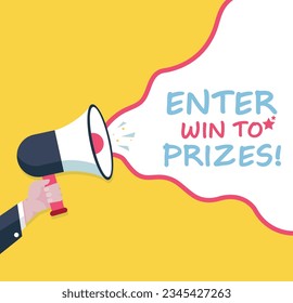 Enter To win prizes - Male hand holding megaphone. Loudspeaker. Banner for business, marketing and advertising. Vector illustration