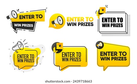 Enter to Win Prizes. Megaphone label collection with text. Marketing and promotion. Vector Illustration.