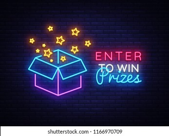 Enter to Win Prizes Neon Sign Vector. Gift neon sign, Win super prize design template, modern trend design, night neon signboard, night bright advertising, light banner, light art. Vector