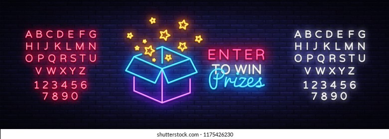 Enter to Win Prizes Neon Sign Vector. Gift neon sign, design template, modern trend design, night neon signboard, night bright advertising, light banner, light art. Vector. Editing text neon sign