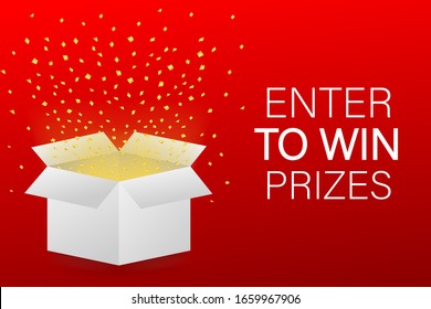 Ingresa a ganar premios. Abrir caja roja de regalo y confetti. Ilustración de material vectorial.