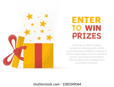 Enter to win prizes. Prize box opening and exploding with fireworks and confetti.