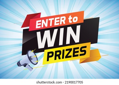 Enter to win prizes word concept vector illustration with megaphone and 3d style for use landing page, template, ui, web, mobile app, poster, banner, flyer, background, gift card, coupon, wallpaper