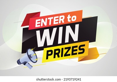Introduzca para ganar premios concepto de palabra ilustración vector con megáfono y estilo 3d para uso página de inicio, plantilla, ui, web, aplicación móvil, afiche, banner, volante, fondo, tarjeta de regalo, cupón, papel tapiz