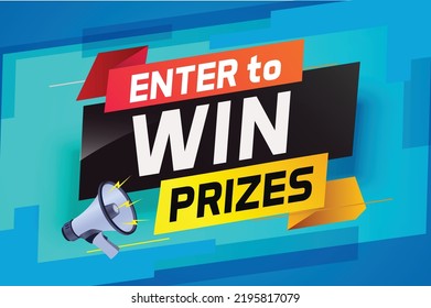 Enter to win prizes word concept vector illustration with megaphone and 3d style for use landing page, template, ui, web, mobile app, poster, banner, flyer, background, gift card, coupon, wallpaper