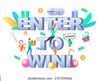 Enter to win typography vector banner template. Raffle drum with balls, lottery ticket, man with gift box, happy woman prize winner. Enter a raffle to win, gambling industry.