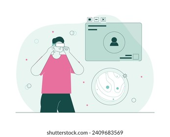 Enter the world of 3d based virtual reality, meta verse vector illustration.