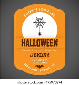 Enter if you Dare. Halloween Party poster design orange stiched border background with Spider with net icon in center and date and time are mentioned. vector halloween illustration