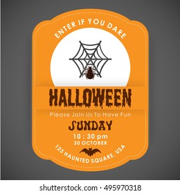 Enter if you Dare. Halloween Party poster design orange stiched border background with Spider with net icon in center and date and time are mentioned. vector halloween illustration