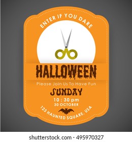 Enter if you Dare. Halloween Party poster design orange stiched border background with Scissors icon in center and date and time are mentioned. vector halloween illustration