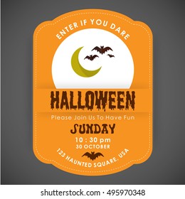 Enter if you Dare. Halloween Party poster design orange stiched border background with Bats flying over moon icon in center and date and time are mentioned. vector halloween illustration