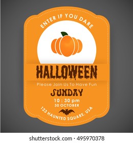 Enter if you Dare. Halloween Party poster design orange stiched border background with Pumpkin icon in center and date and time are mentioned. vector halloween illustration