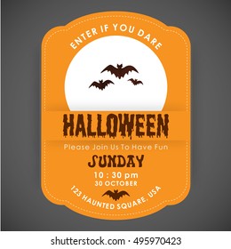 Enter if you Dare. Halloween Party poster design orange stiched border background with Bats Flying icon in center and date and time are mentioned. vector halloween illustration
