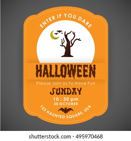 Enter if you Dare. Halloween Party poster design orange stiched border background with Tree with moon and bats flying icon in center and date and time are mentioned. vector halloween illustration