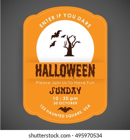 Enter if you Dare. Halloween Party poster design orange stiched border background with Old tree with bats flying icon in center and date and time are mentioned. vector halloween illustration